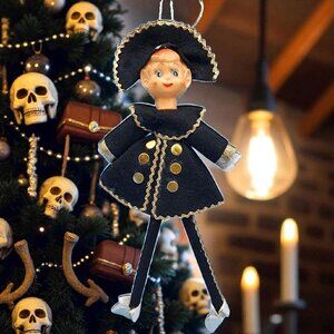 Vintage Pirate Pixie Ornament Felt Black Gold Trim1950s MCM Blow Mold Head Japan